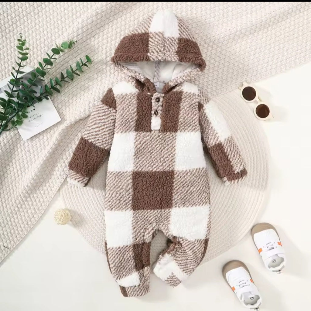 Checkered Fleece Hooded Romper