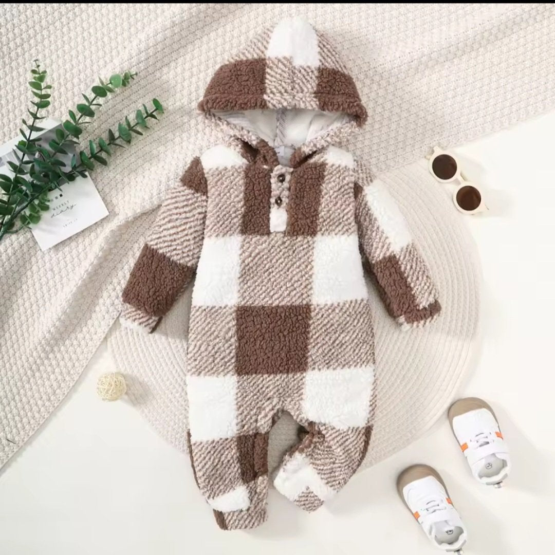 Checkered Fleece Hooded Romper