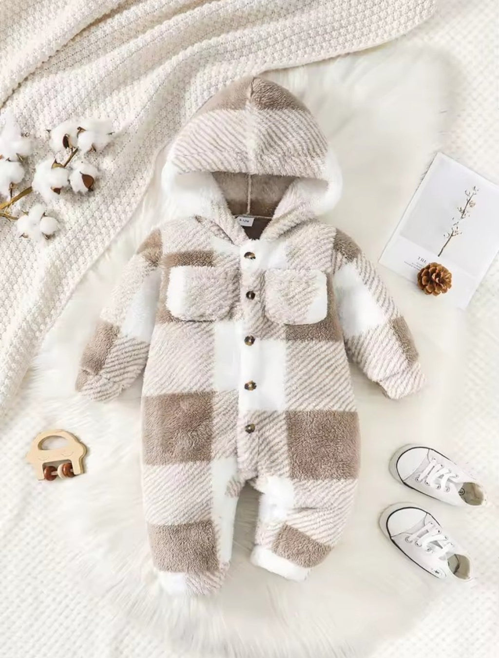 Checkered Fleece Hooded Romper