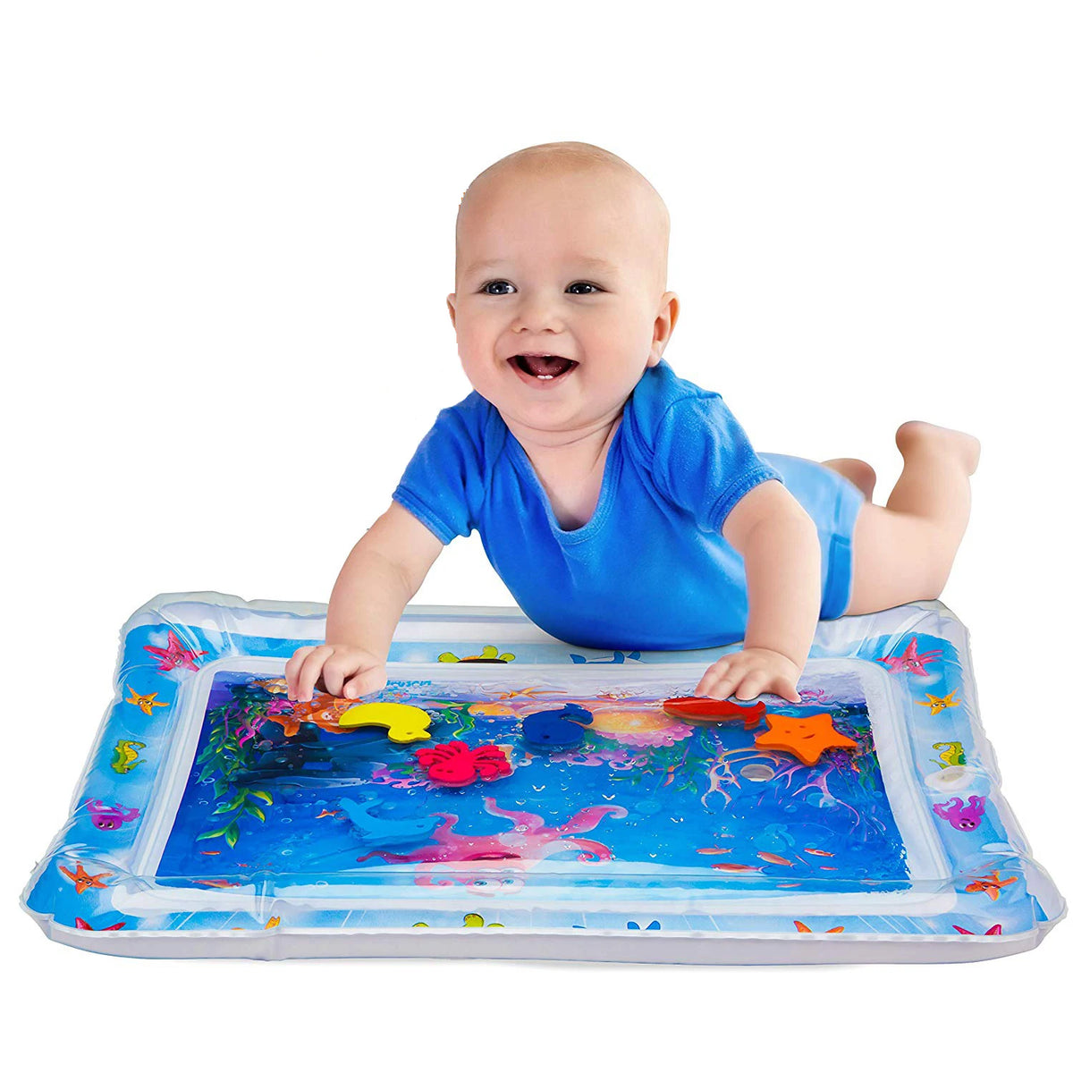 Baby enjoying tummy time on the inflatable water mat