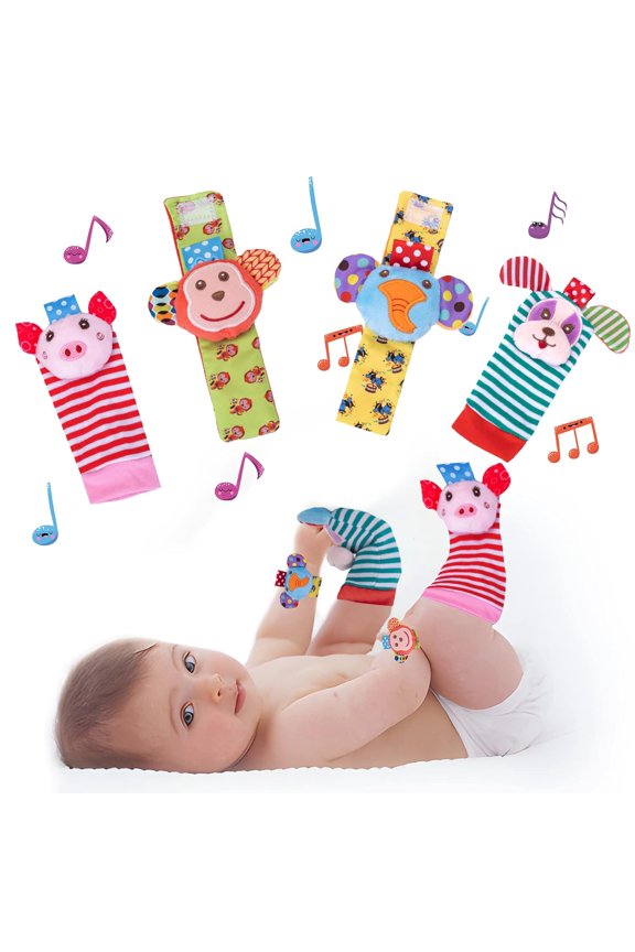 Four-piece wrist rattle and foot finder socks set with pig, monkey, elephant and dog characters