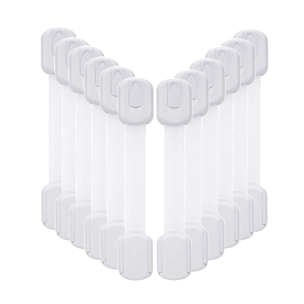 Row of white adjustable child safety strap locks
