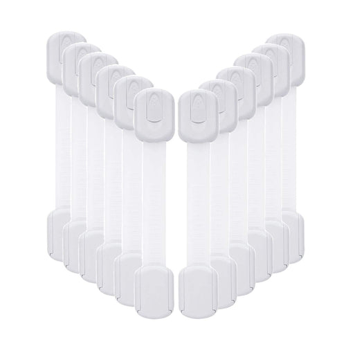 Row of white adjustable child safety strap locks