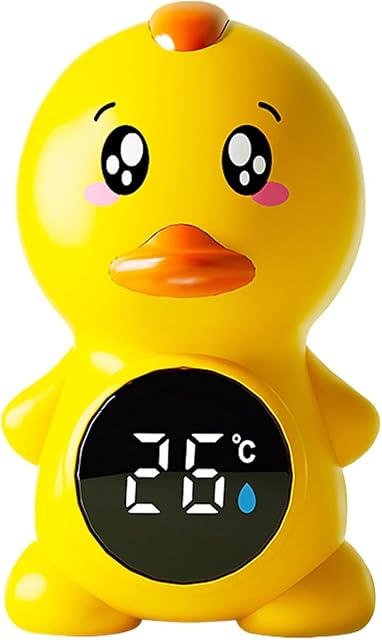 Standing yellow duck bath thermometer, front view