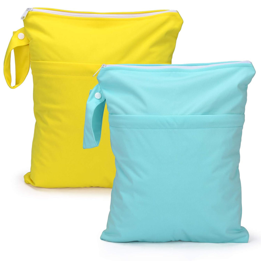 Two waterproof wet dry bags in yellow and teal with snap handles