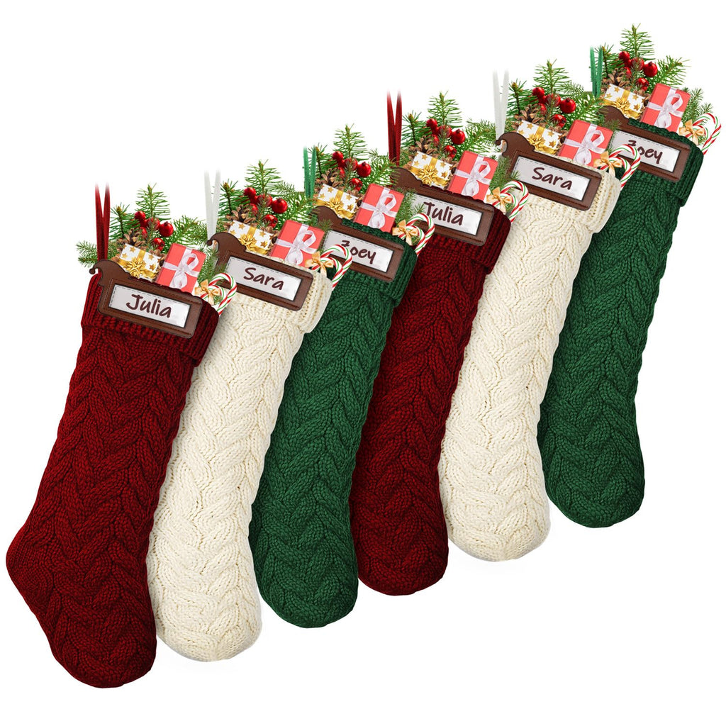 Cable-knit Christmas stockings with personalised name tags, six pack