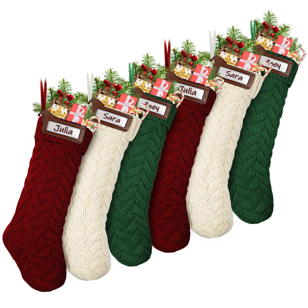 Cable-knit Christmas stockings with personalised name tags, six pack