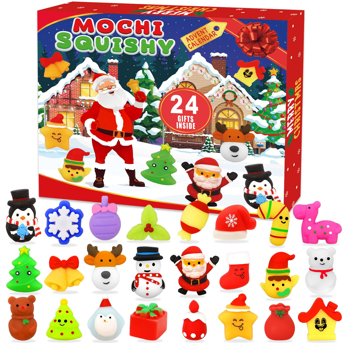 Mochi squishy advent calendar, box and toys laid out