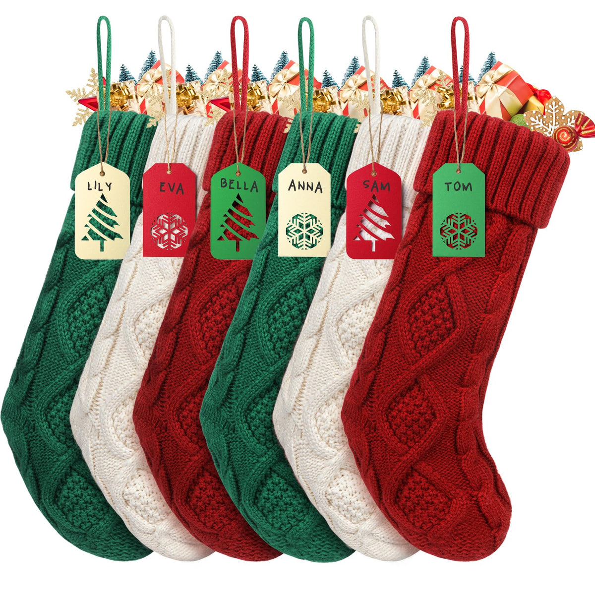 Cable-knit Christmas stockings in red, green and cream with name tags