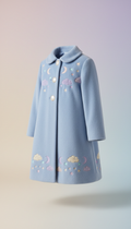 Powder blue coat with adorable motifs, Use a 3/4 angle to effectively display the coat's fit and design details, with a...