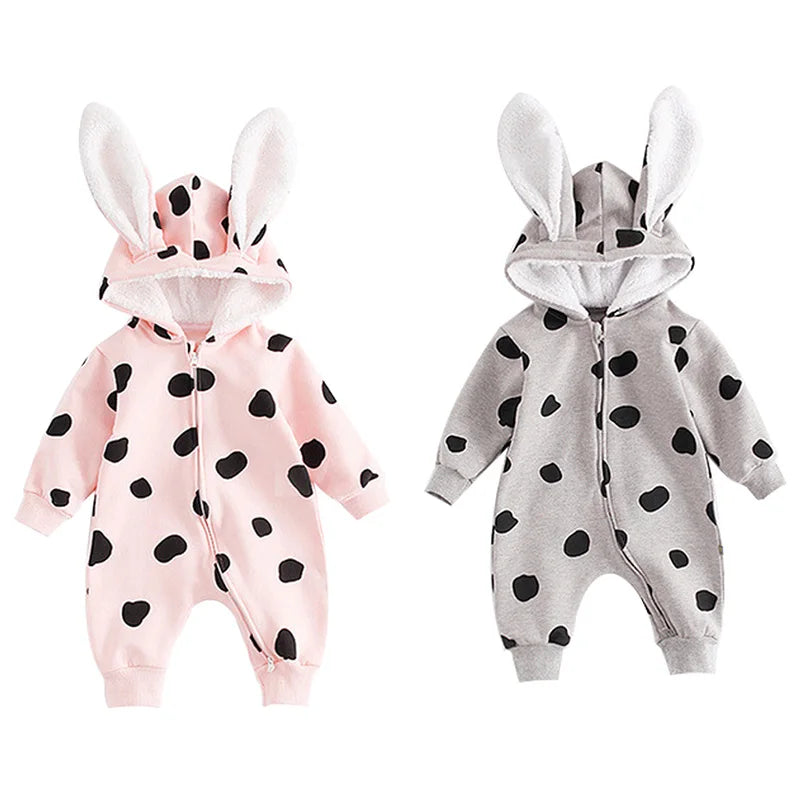 Hooded Ear Baby Romper — Solid Long-Sleeve Winter Bodysuit (0–18 Months)
