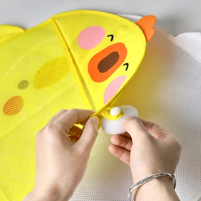 Yellow duck bath toy organizer mesh bag, close-up