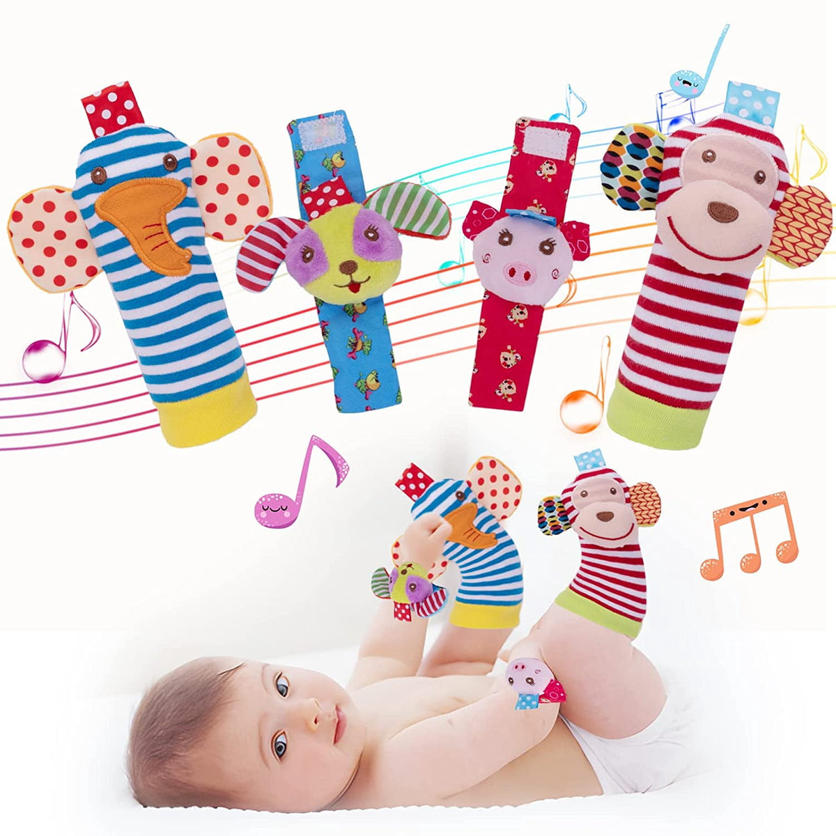Baby wearing wrist rattles and foot finder socks with animal characters, with the 4-piece set shown beside