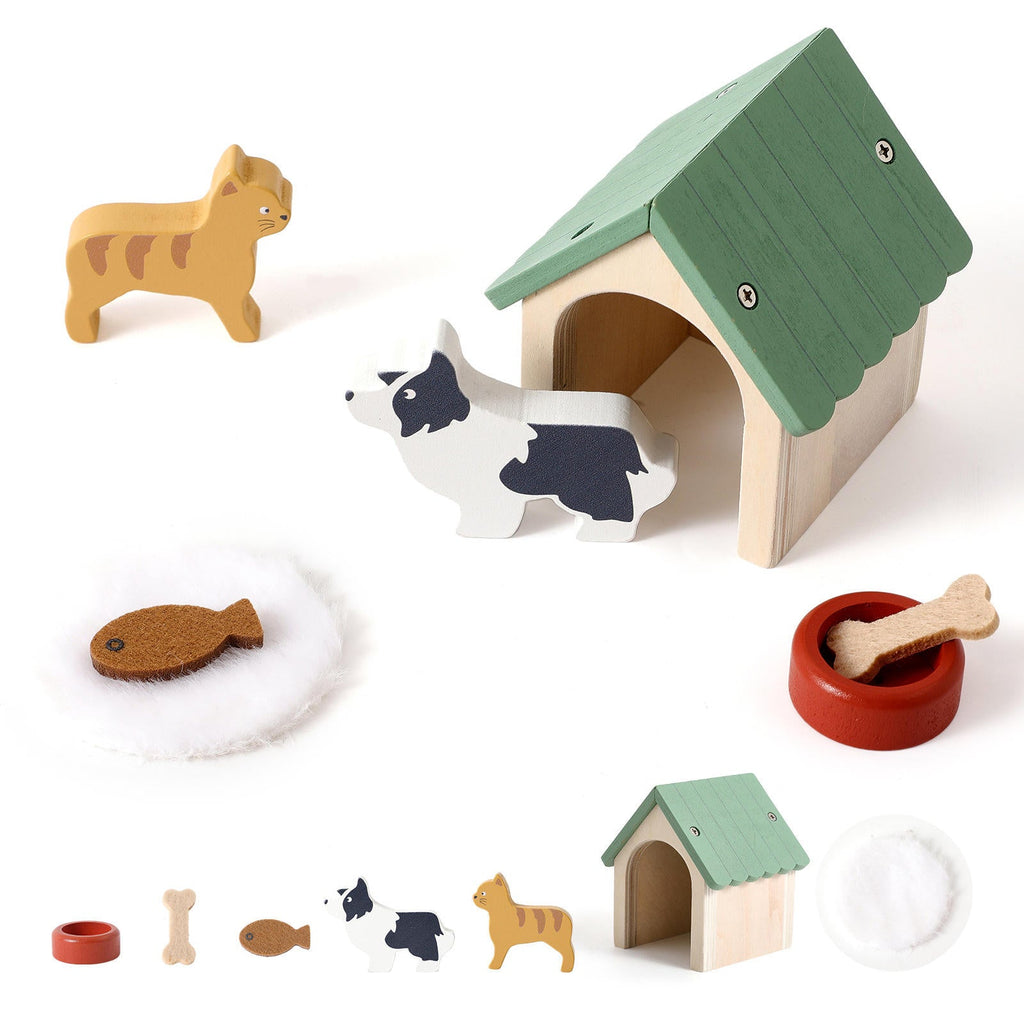 Mini Wooden Dog House & Cat Pretend Play Set | Wild Baby
