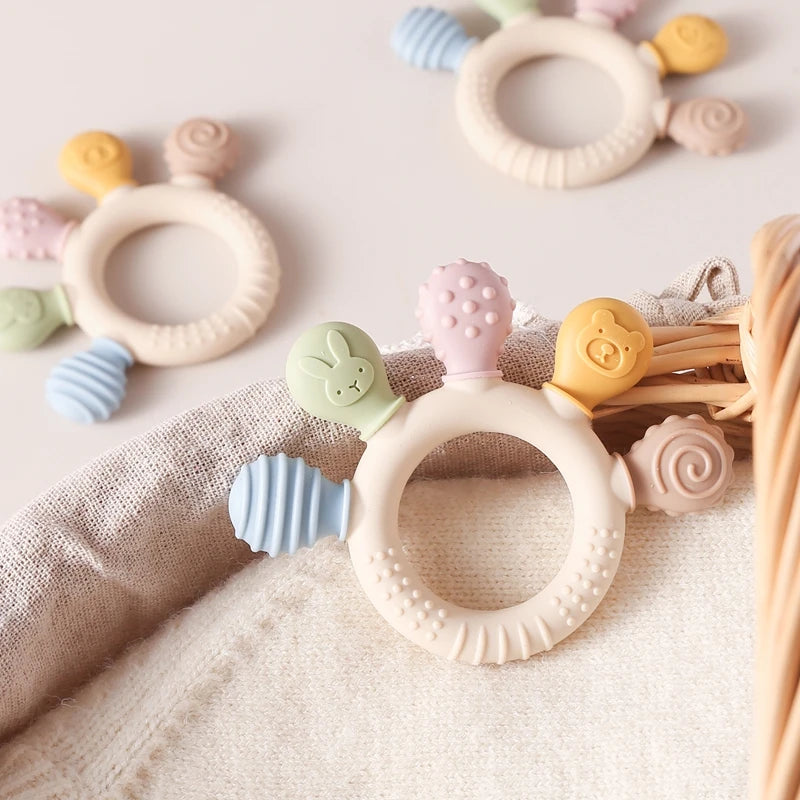 Silicone ring teether, close-up showing textured knobs