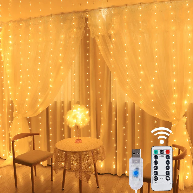 LED curtain string lights in warm white over a window, with remote and USB plug