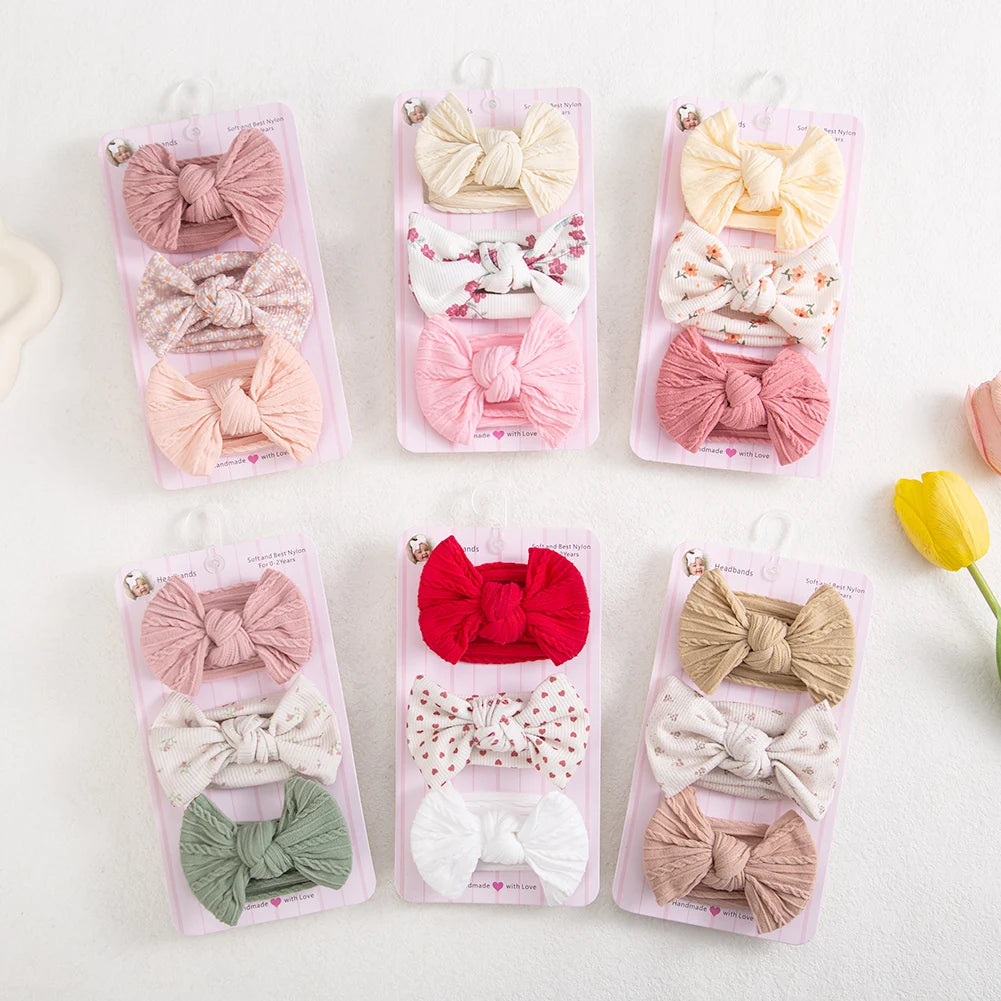 Baby bow headbands, assorted colour 3-packs on cards