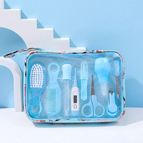 Ten-piece baby healthcare and grooming kit in blue, in a zippered case