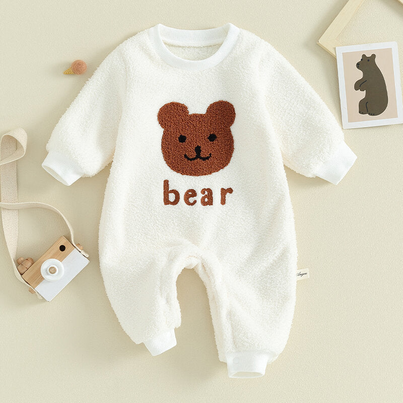 Bear-Print Button-Front Baby Romper — Long Sleeve Winter One-Piece