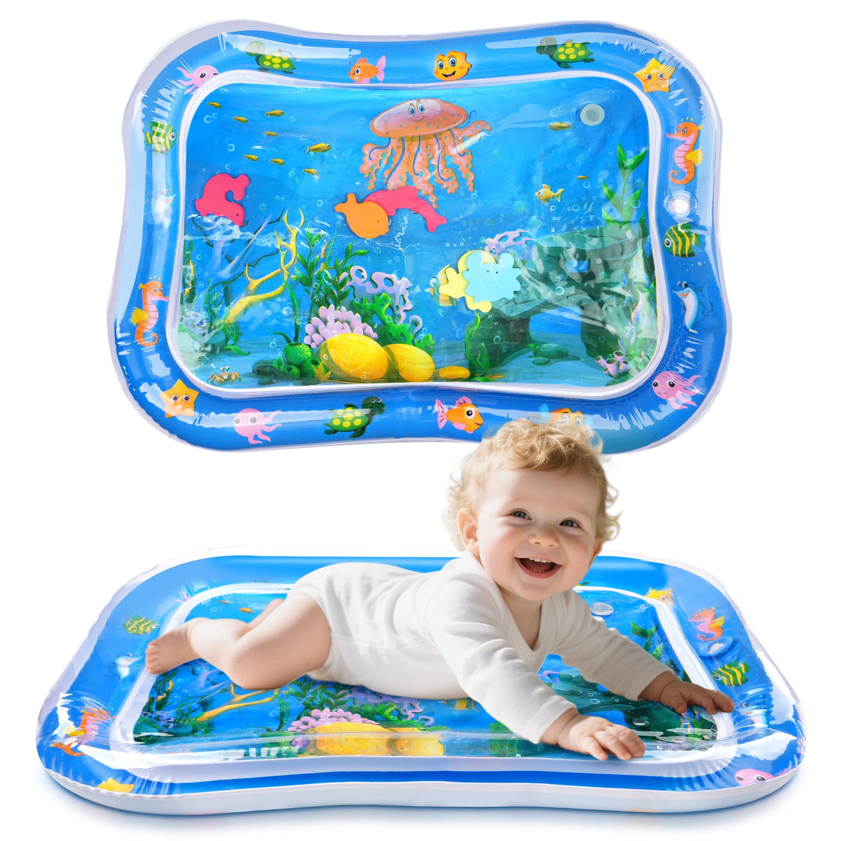 Inflatable tummy time water mat with floating sea creatures