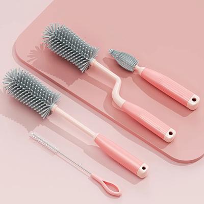 Three-piece silicone bottle brush set with bottle brush, nipple brush and straw brush