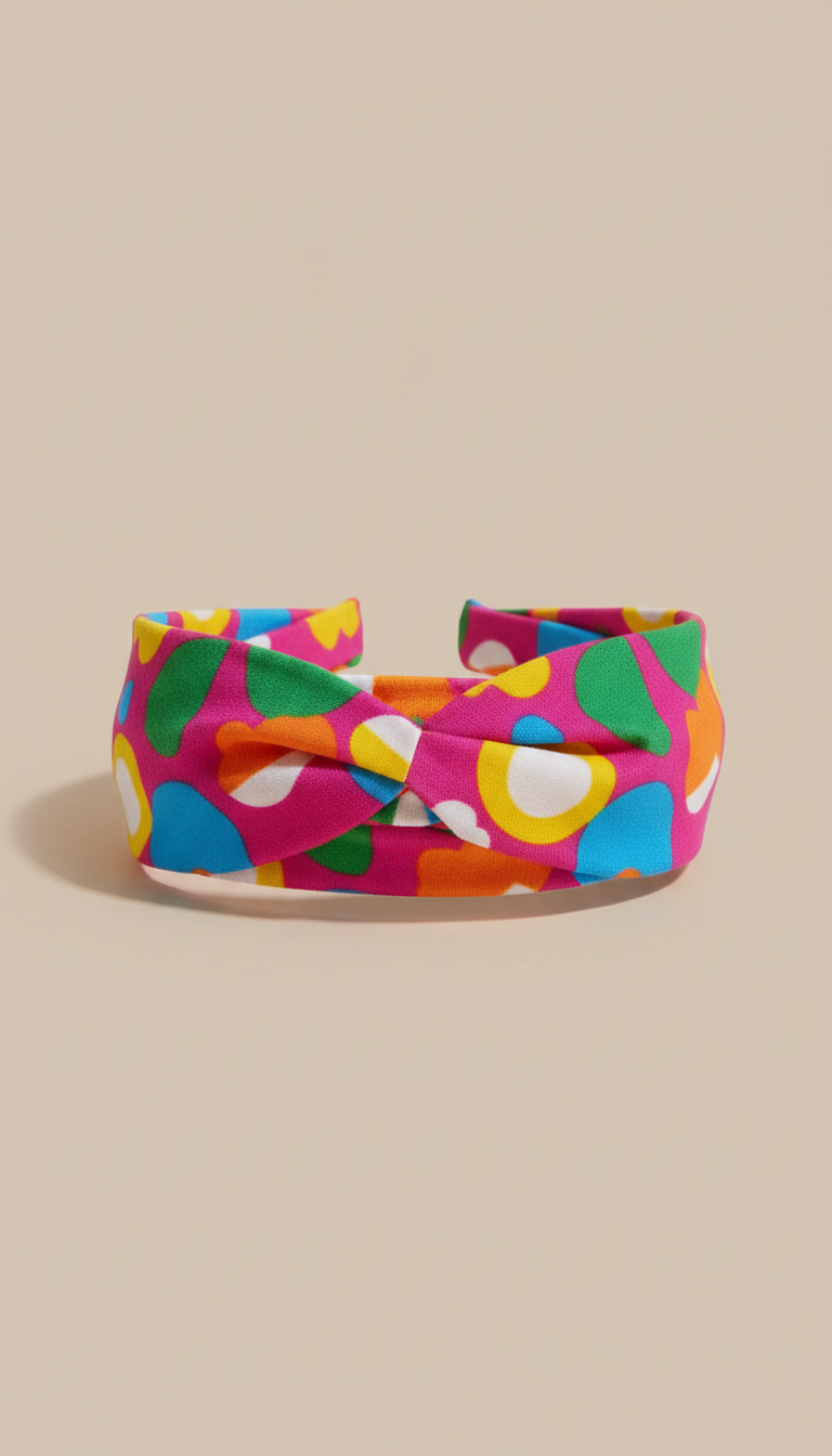 A front view shot of a chic headband featuring playful patterns, centered perfectly against a neutral, light-colored...
