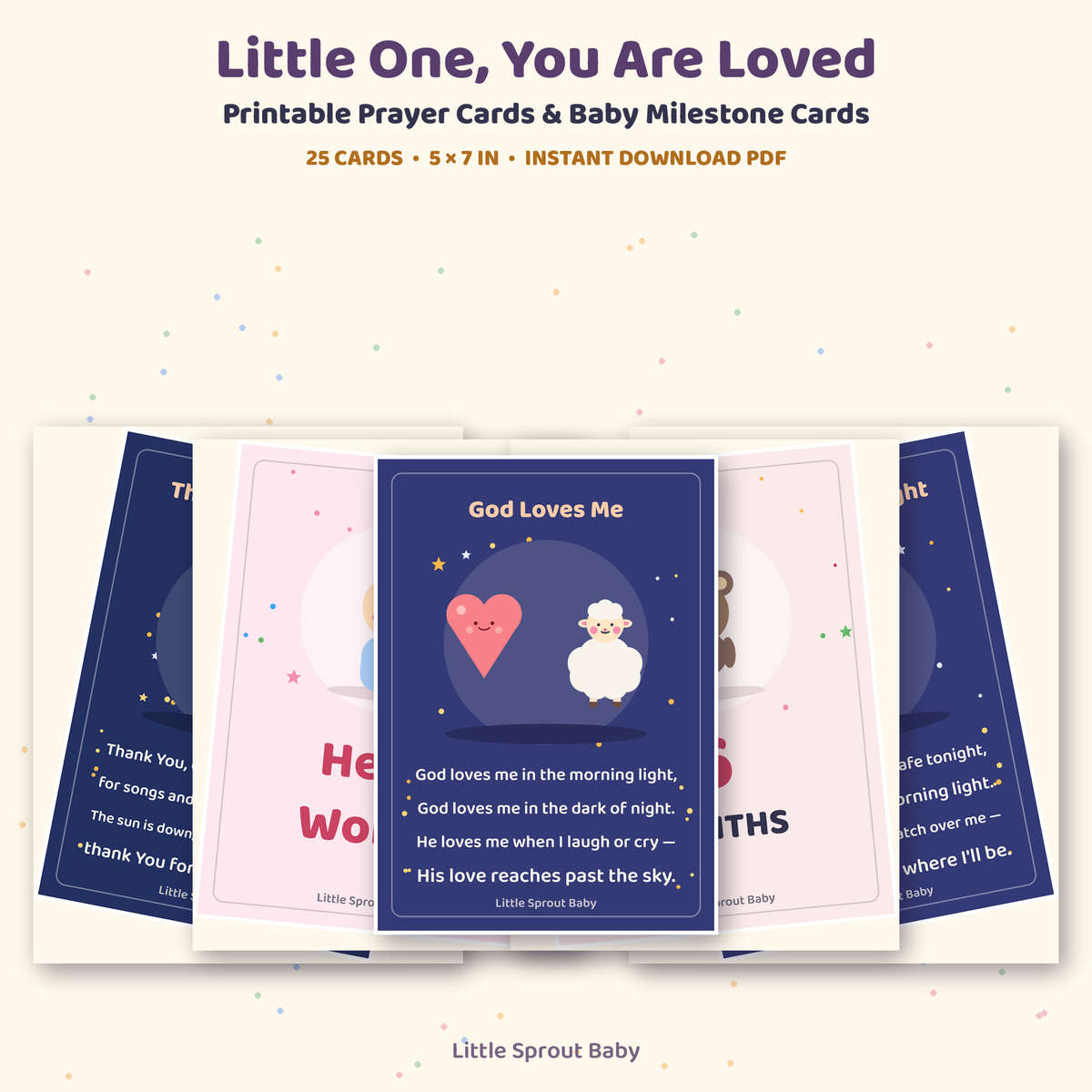 Little One, You Are Loved printable prayer cards and baby milestone cards — full set of 25 cards