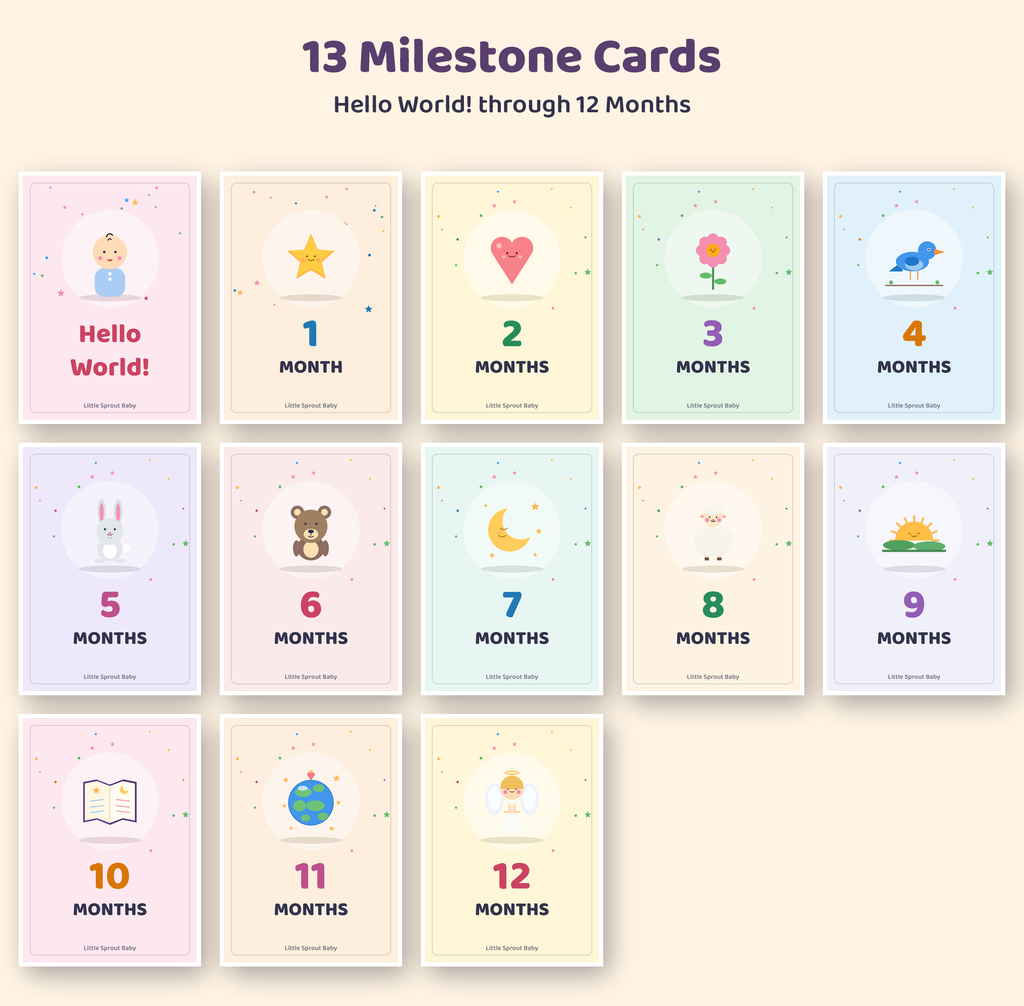 The 13 printable baby milestone cards, Hello World and 1 to 12 months