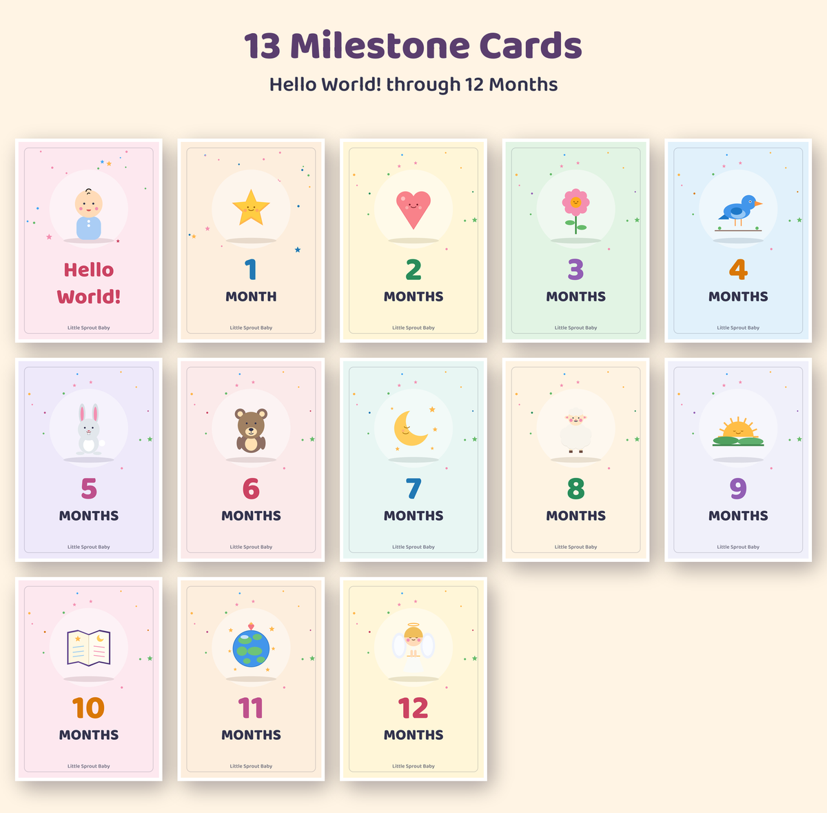 The 13 printable baby milestone cards, Hello World and 1 to 12 months