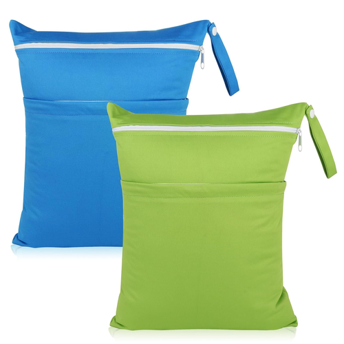 Waterproof wet dry bags in blue and green with two zippered pockets
