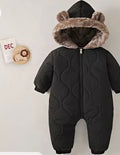 Black quilted baby snowsuit romper with fur-trim hood and bear ears, front view