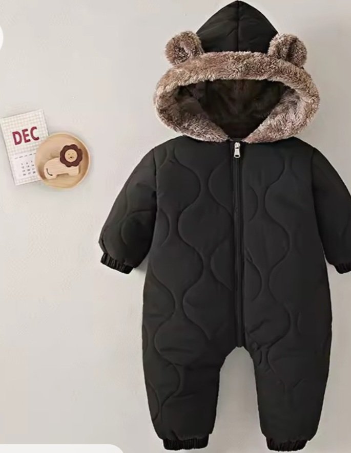 Black quilted baby snowsuit romper with fur-trim hood and bear ears, front view