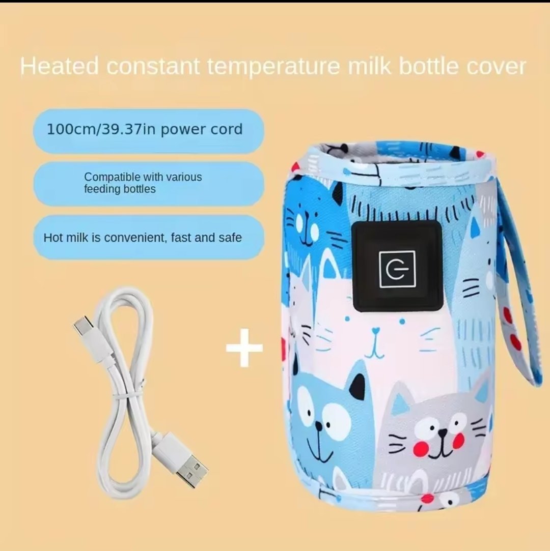 USB heated baby bottle warmer cover with cartoon cat print and USB cable
